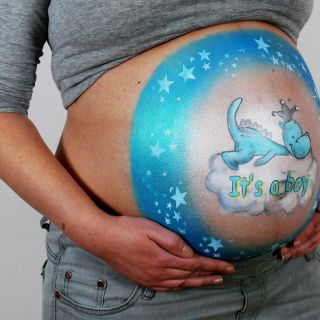Body schmink studio bellypaint blue dragon foto belly side logo